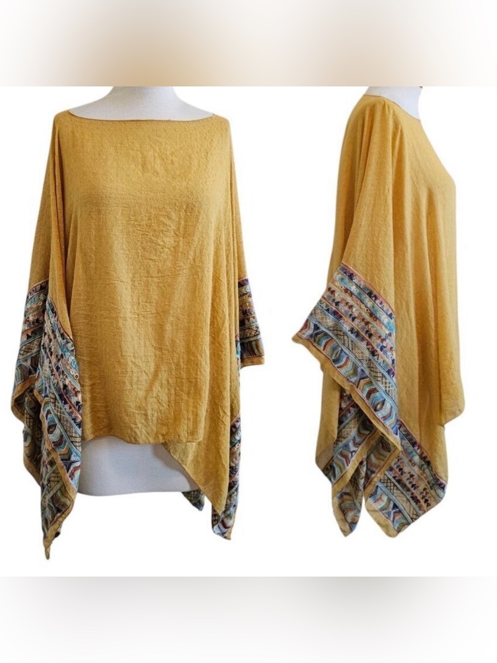 Miou Muse Boho Embroidered Mustard Yellow Poncho Shawl one size beach coverup